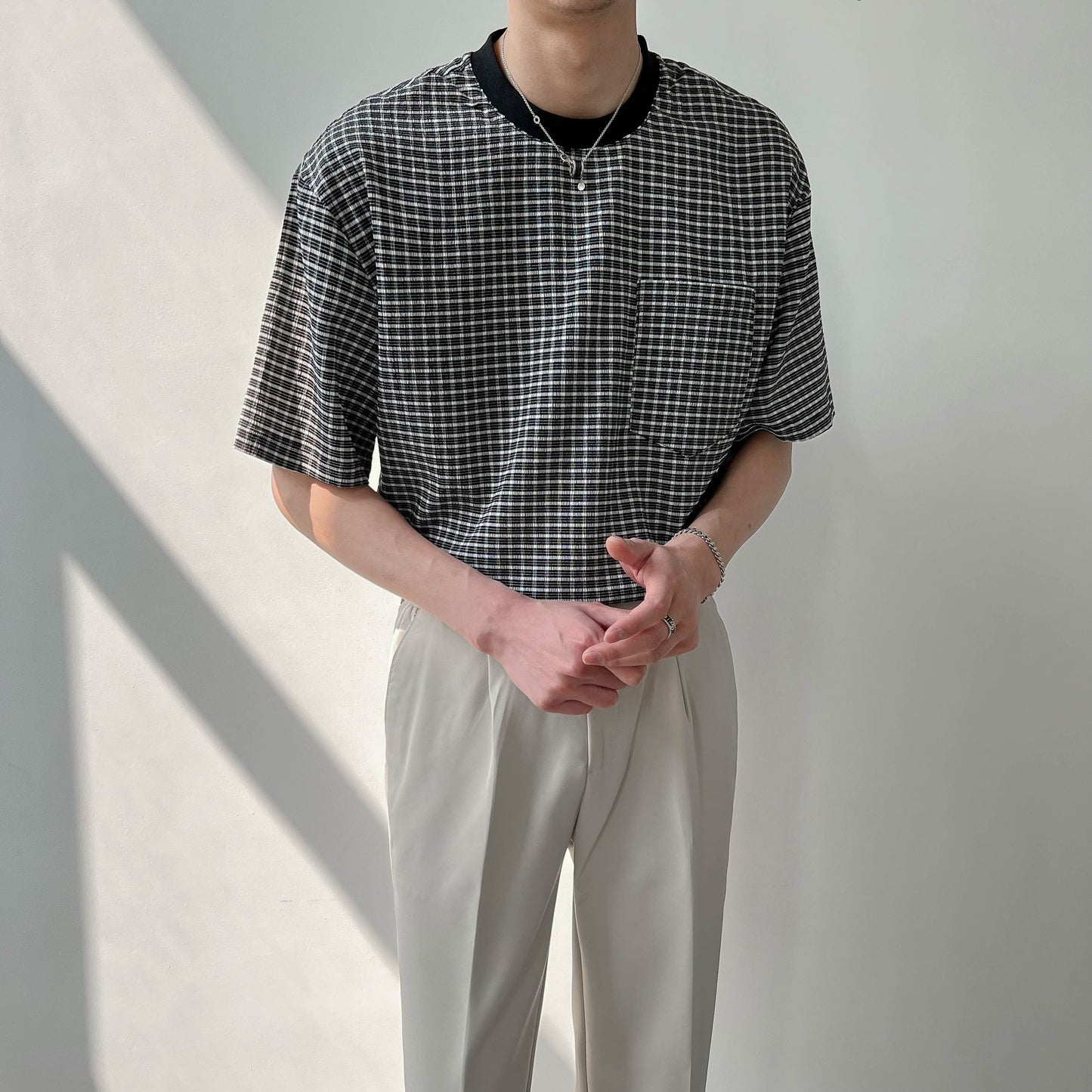 RT No. 4440 ROUND NECK PLAID SHORT SLEEVE SHIRT