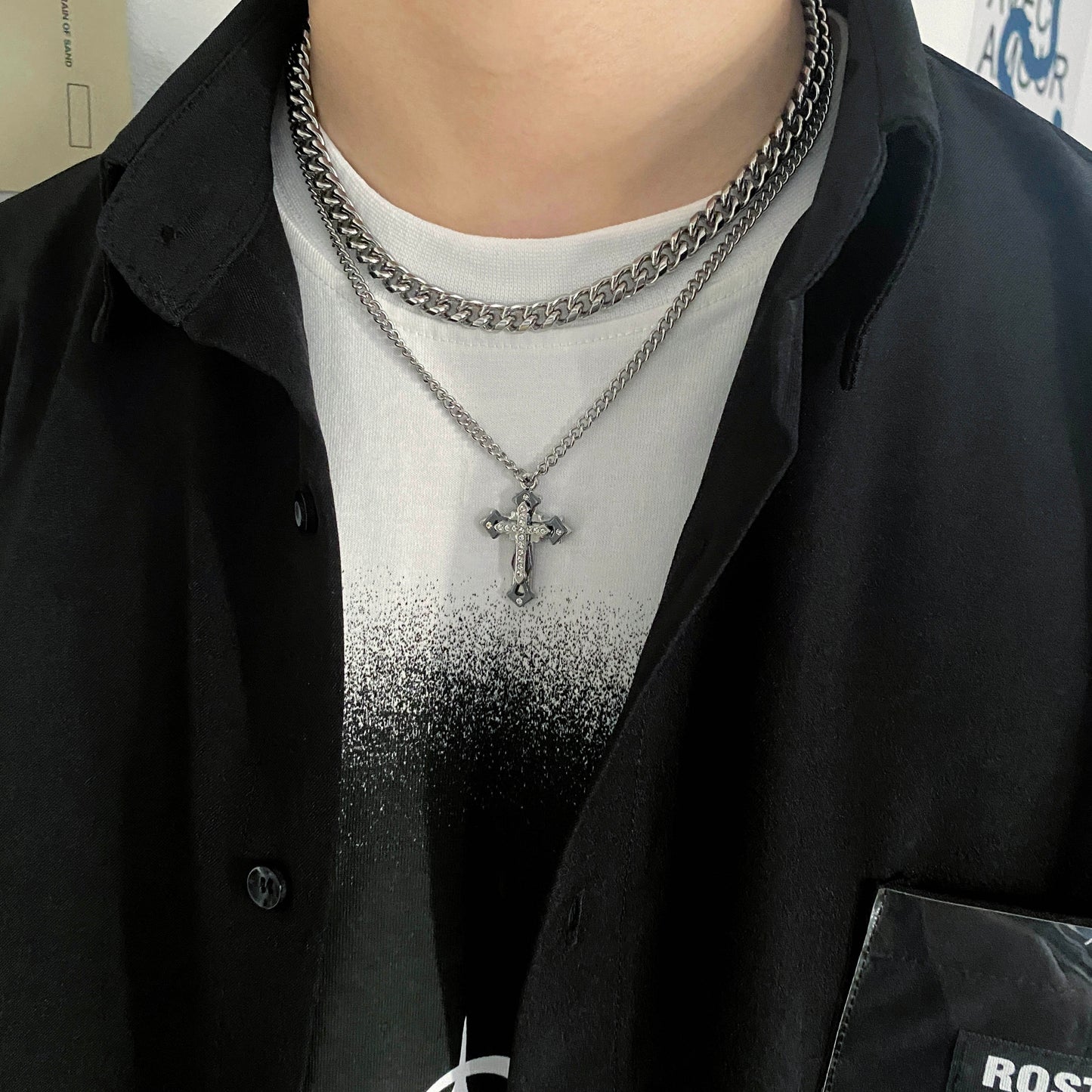 DOUBLE CHAIN CROSS CHAIN NECKLACE