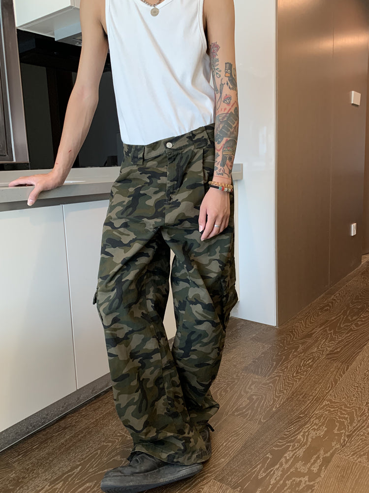 RT No. 5422 GREEN CAMO CASUAL STRAIGHT WIDE PANTS