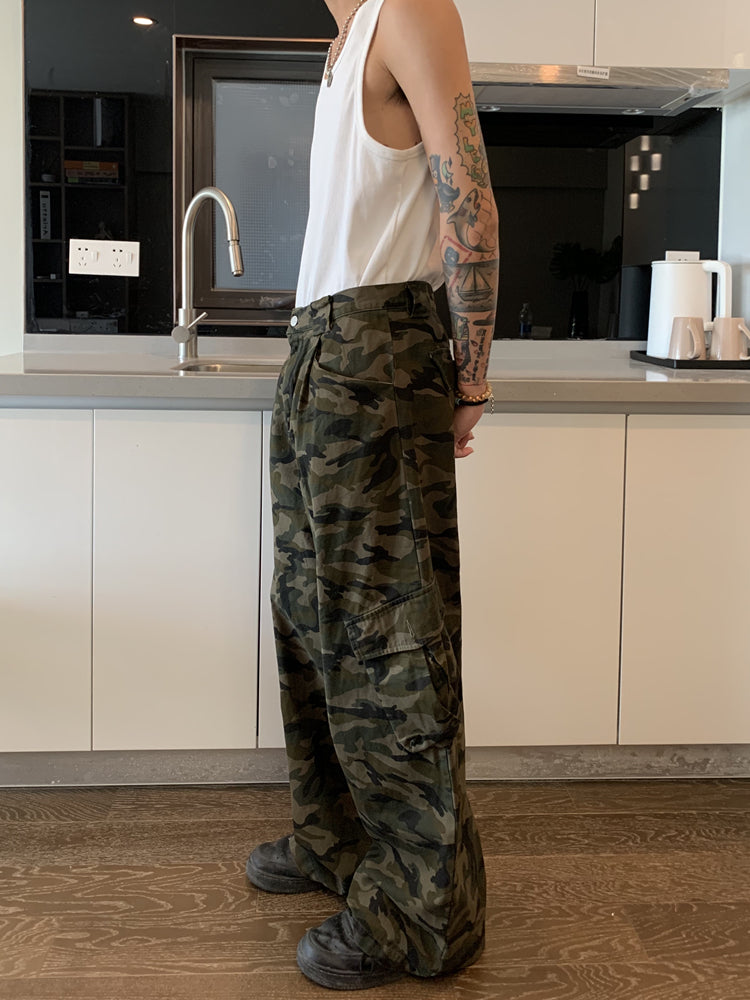 RT No. 5422 GREEN CAMO CASUAL STRAIGHT WIDE PANTS